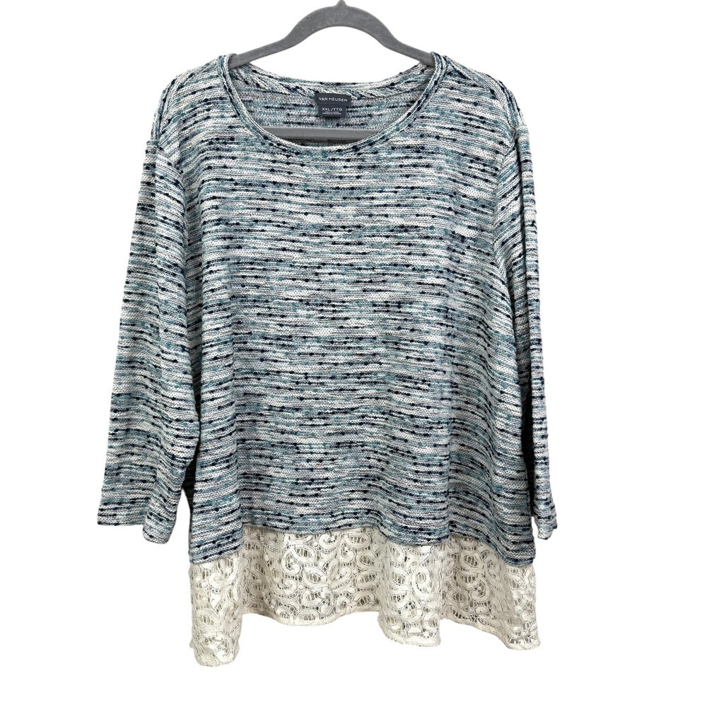 Van Heusen Womens Knit Top Blouse Lace Trim Long Sleeve Blue White Size XXL*